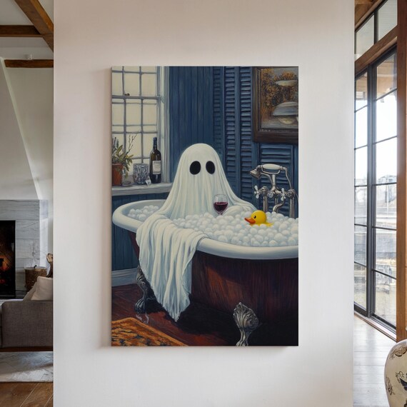 Ghost Relaxing In Bubble Bath With Wine And Rubber Duck Poster