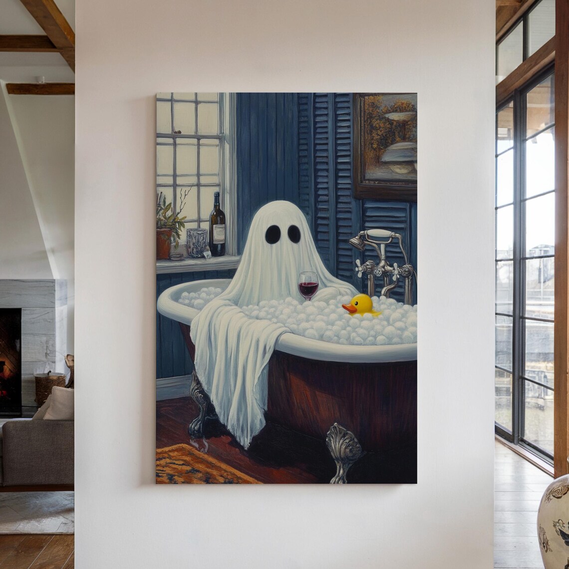 Ghost Relaxing In Bubble Bath With Wine And Rubber Duck Poster