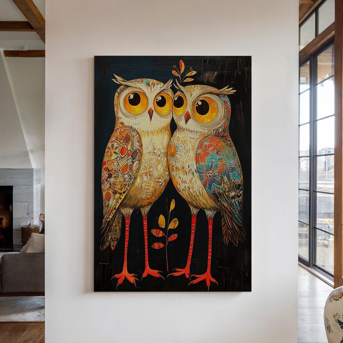 Whimsical Owl Pair Artwork Intricate Floral Patterns And Bold Colors On A Dark Background