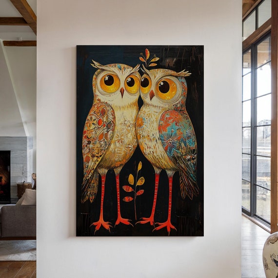 Whimsical Owl Pair Artwork Intricate Floral Patterns And Bold Colors On A Dark Background