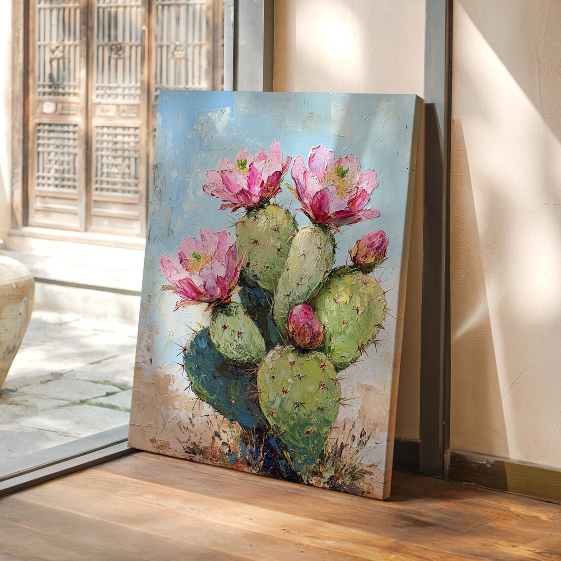 Prickly Pear Cactus Pink Blooms Impasto Desert Floral Wall Print