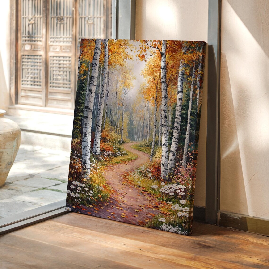 Autumn Forest Pathway With Birch Trees, Fall Landscape Art