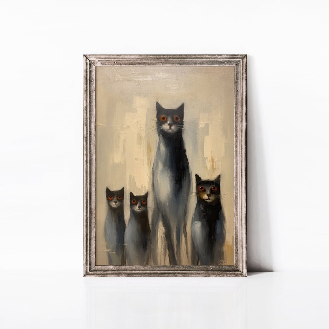 Four Black Cats with Amber Eyes Moody Minimalist Oil Painting Cat Poster - Image 2