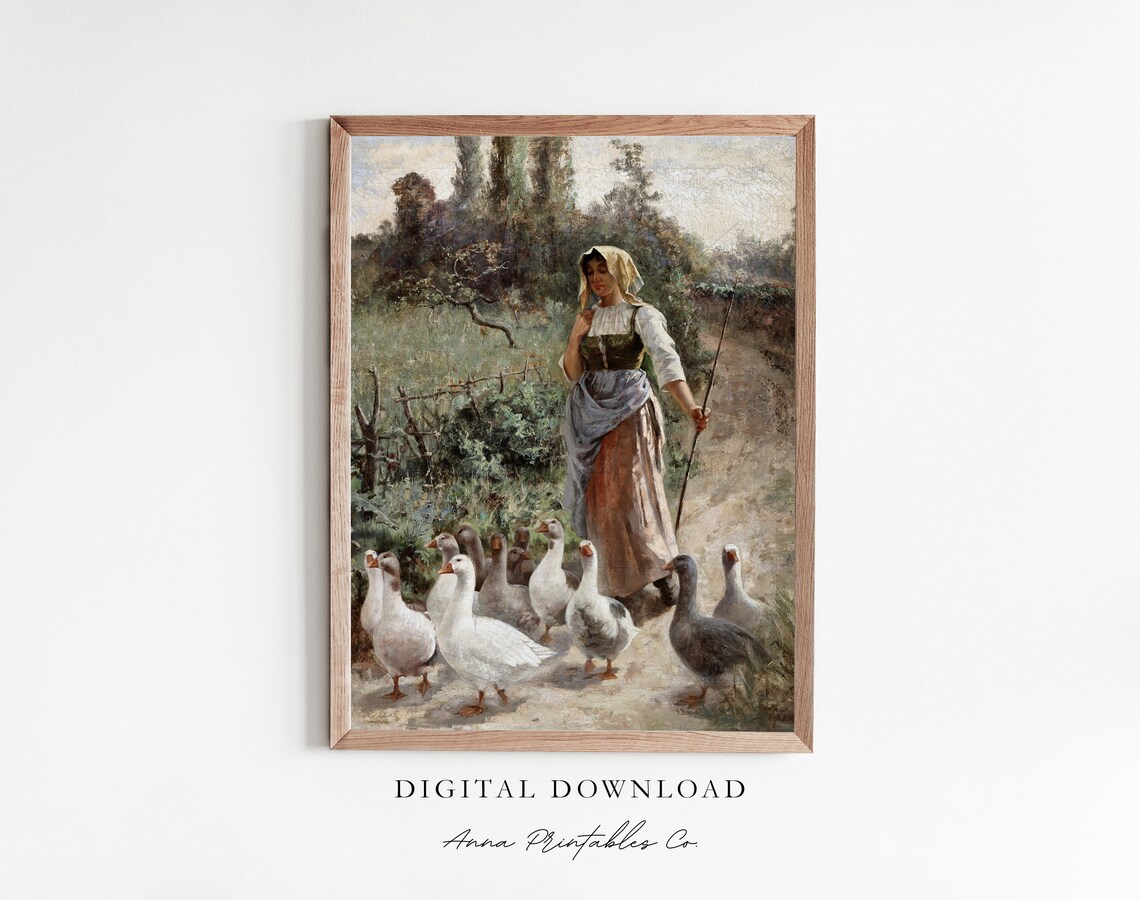 Peasant Woman Leading Geese Along a Country Path Painting Poster