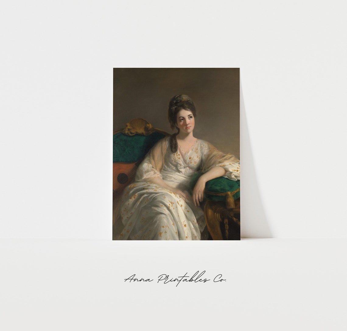 Lady In White Embroidered Gown Emerald Sofa Antique Portrait Poster