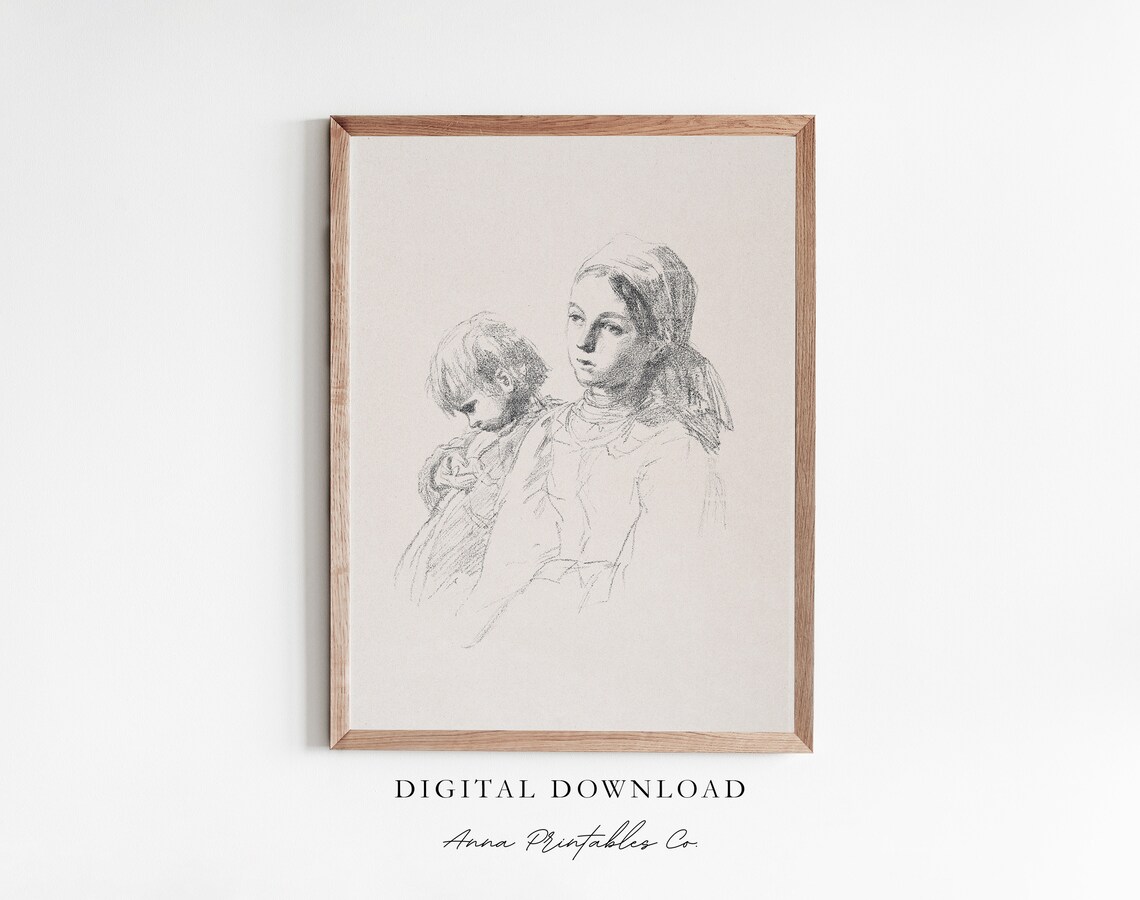 Brother And Sister Antique Peasant Children Sketch, Vintage