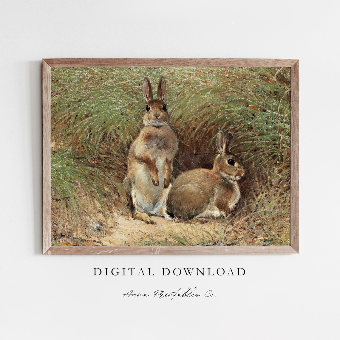 Rabbits In The Grass Antique Bunny Painting