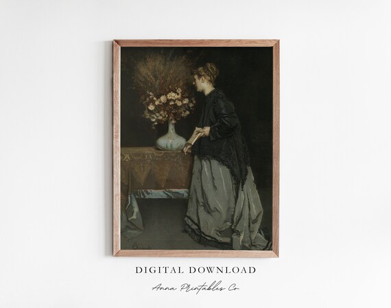 Victorian Woman With Fan Antique Dark Floral Portrait Poster