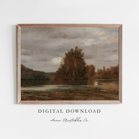 Lake in Autumn Vintage Fall Landscape Water Antique Nature Oil Painting Poster