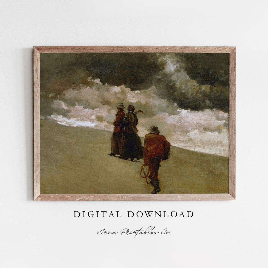 Figures Facing Stormy Sea Waves Dramatic Vintage Oil Painting Poster
