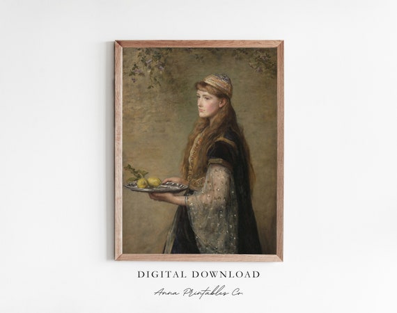 Woman With Serving Tray Antique Portrait Painting Vintage Moody Wall Art Pre Raphaelite Fine Art Print Decor