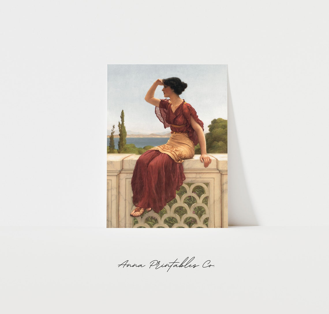 Woman In Red Dress Marble Terrace Overlooking Sea Classical Poster