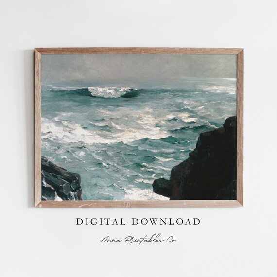 Powerful Ocean Waves Against Dark Rocks Vintage Seascape Print