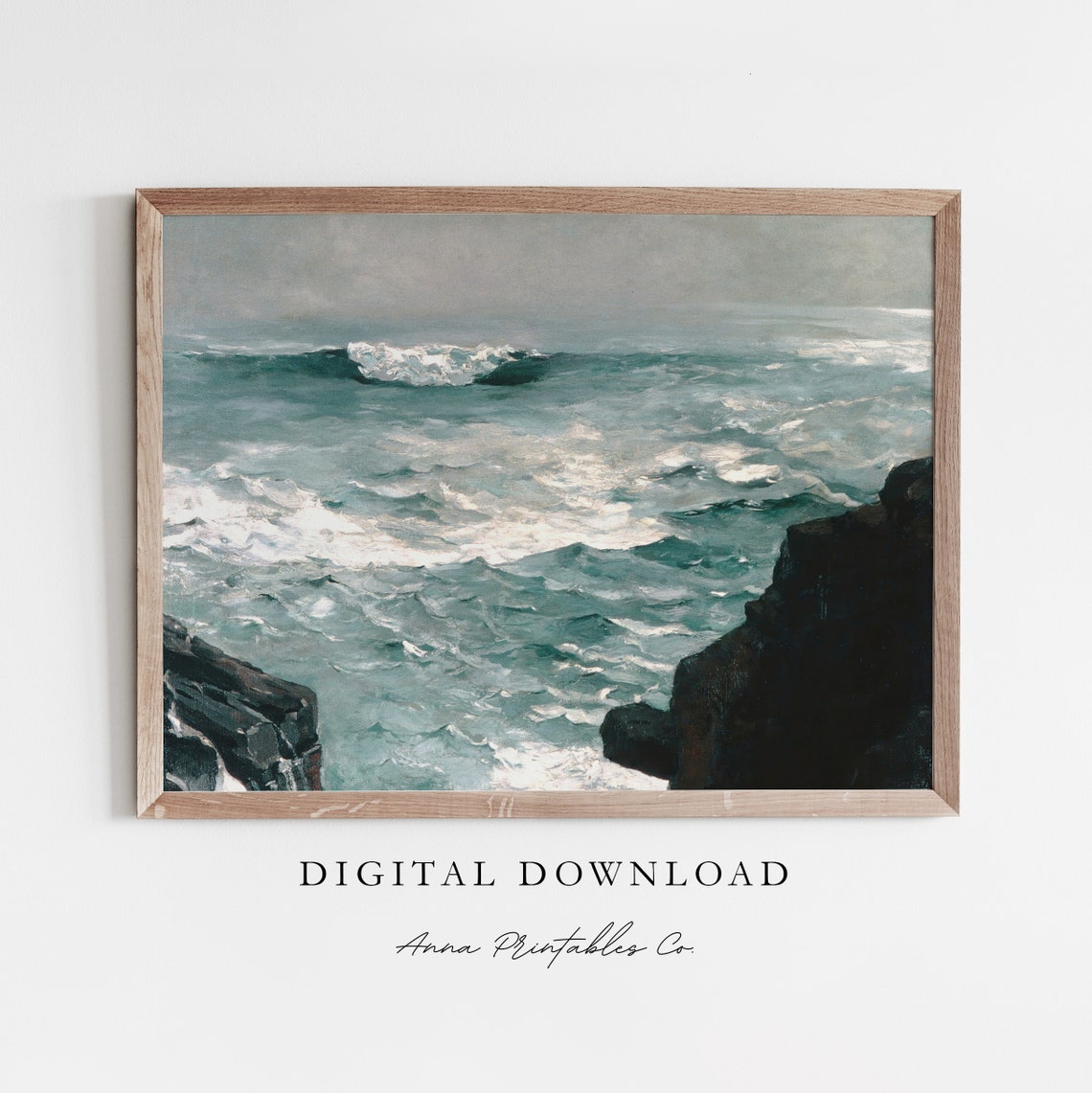 Powerful Ocean Waves Against Dark Rocks Vintage Seascape Print