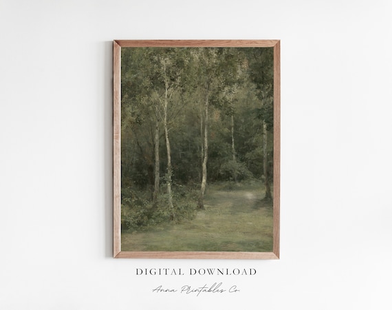 Forest Scene Vintage Oil Painting Art Print, Farmhouse Decor