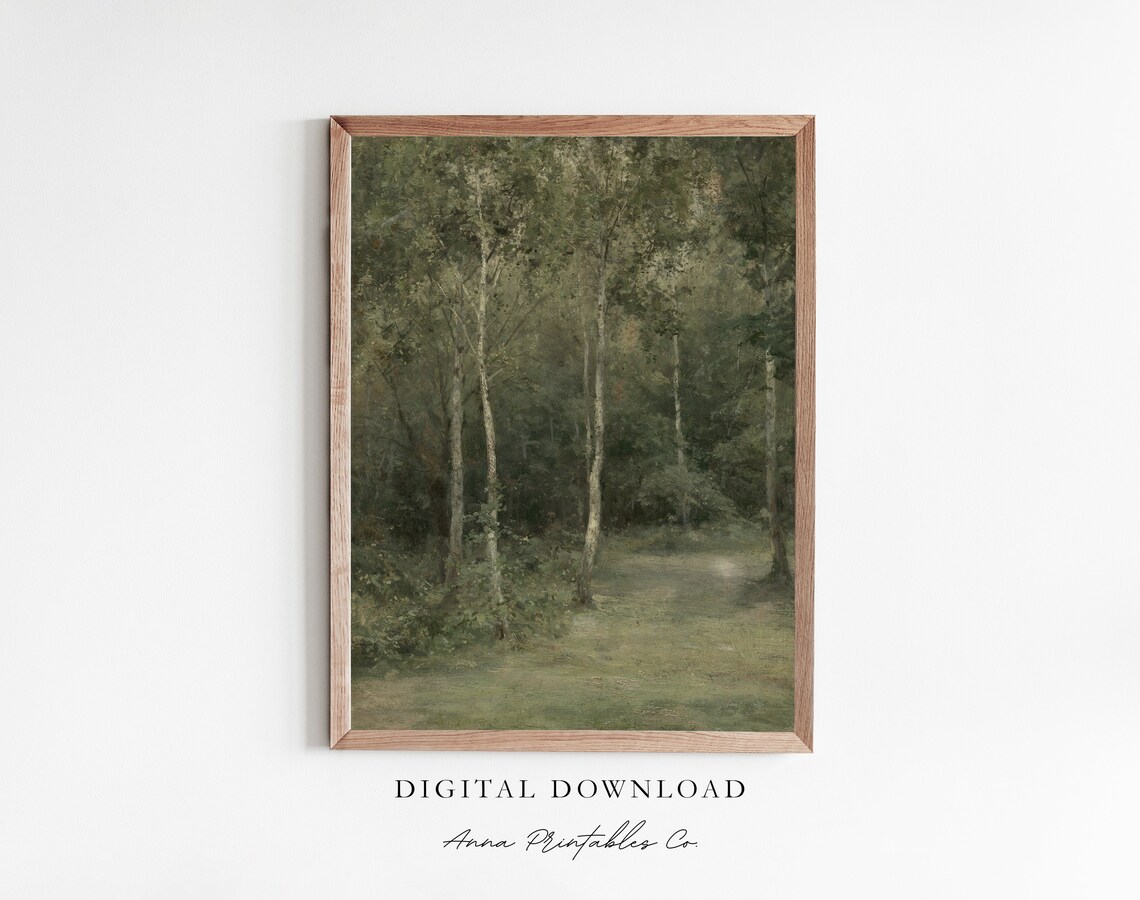 Forest Scene Vintage Oil Painting Art Print, Farmhouse Decor