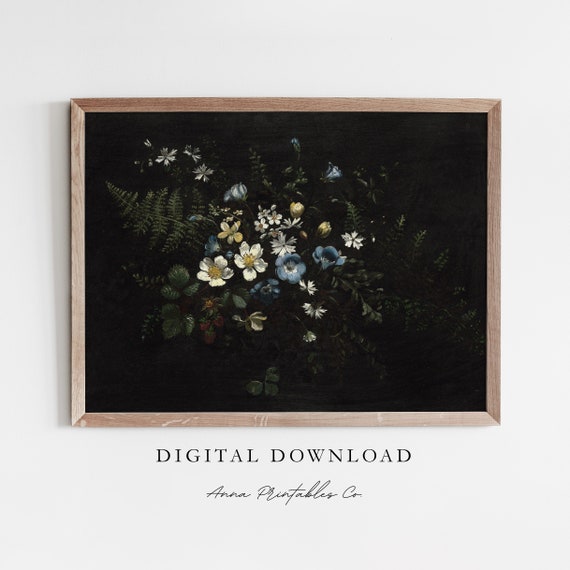 Moody Floral Antique Botanical Painting Dark Academia Decor Wall Art Dark Vintage Aesthetic Art Print