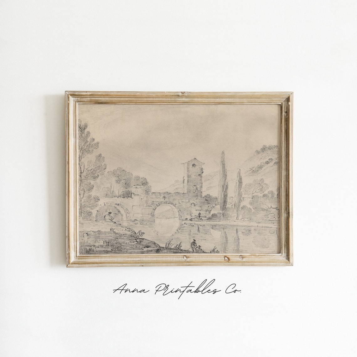 Antique Arched Bridge Drawing Vintage Italian River Sketch Poster - Image 2