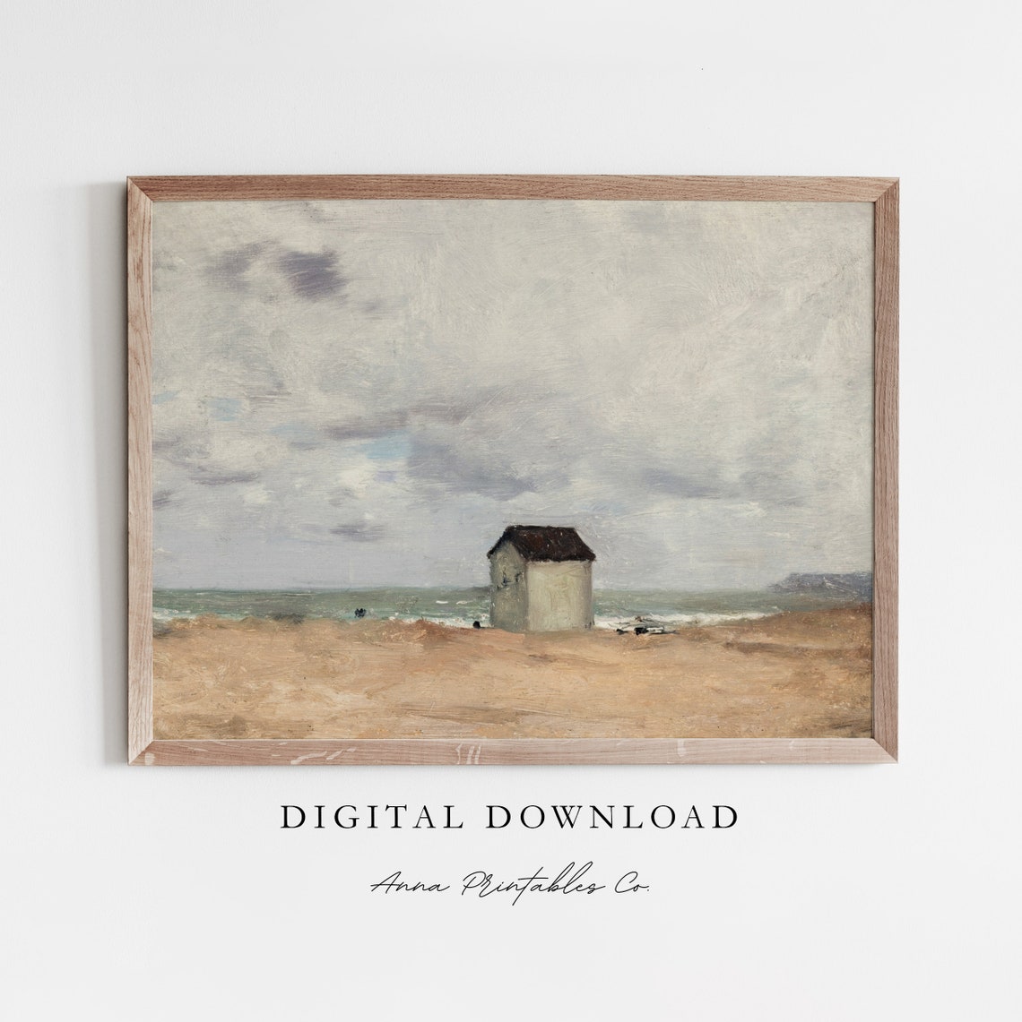 Lonely Beach Hut on Sandy Shore Moody Coastal Painting Print