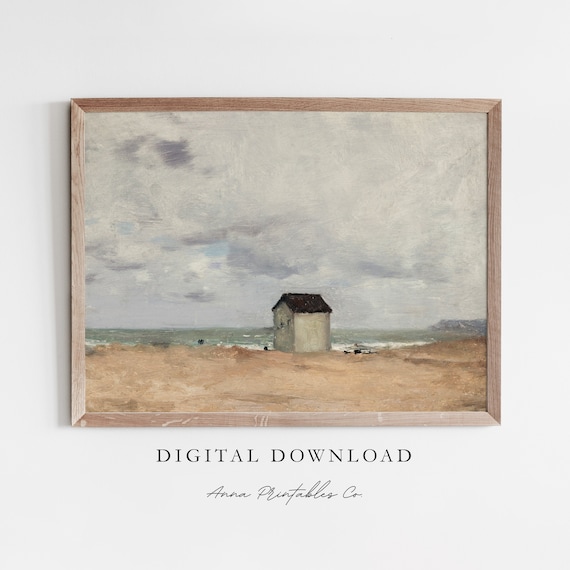 Lonely Beach Hut on Sandy Shore Moody Coastal Painting Print