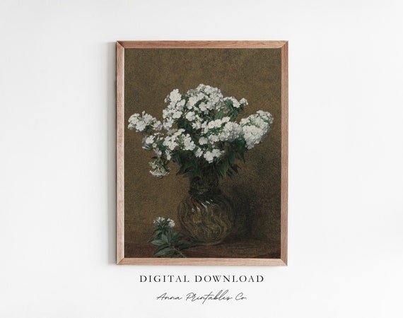 White Phloxes Antique Still Life Painting For Vintage Flower Bouquet Wall Art Moody Floral Fine Art Print
