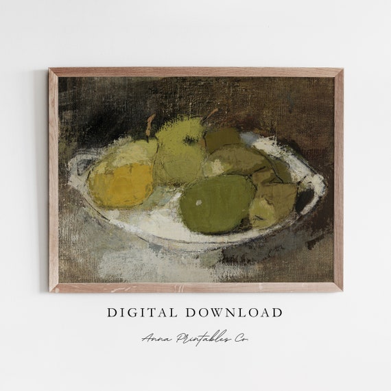 Plate Of Pears Antique Abstract Fruit Painting For Vintage Kitchen Wall Art Farmhouse Decor Moody Print