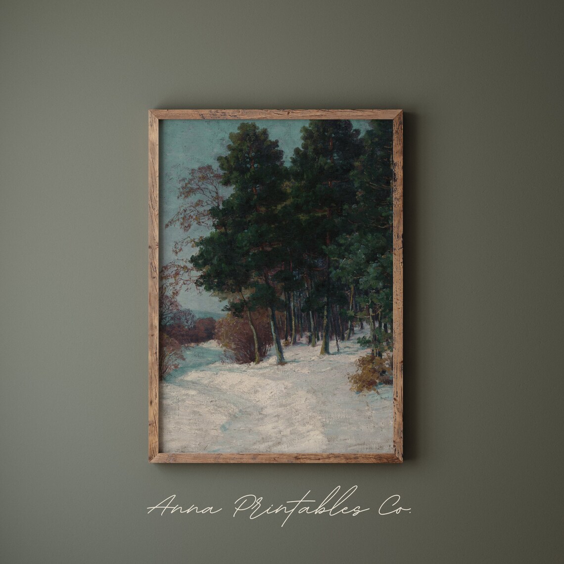 Snowy Pine Forest Trail Winter Landscape Vintage Painting Poster - Image 2