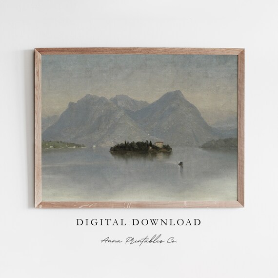 Mountain Lake Scene Antique Landscape Painting For Vintage Wall Art Rustic Farmhouse Decor Fine Art Print