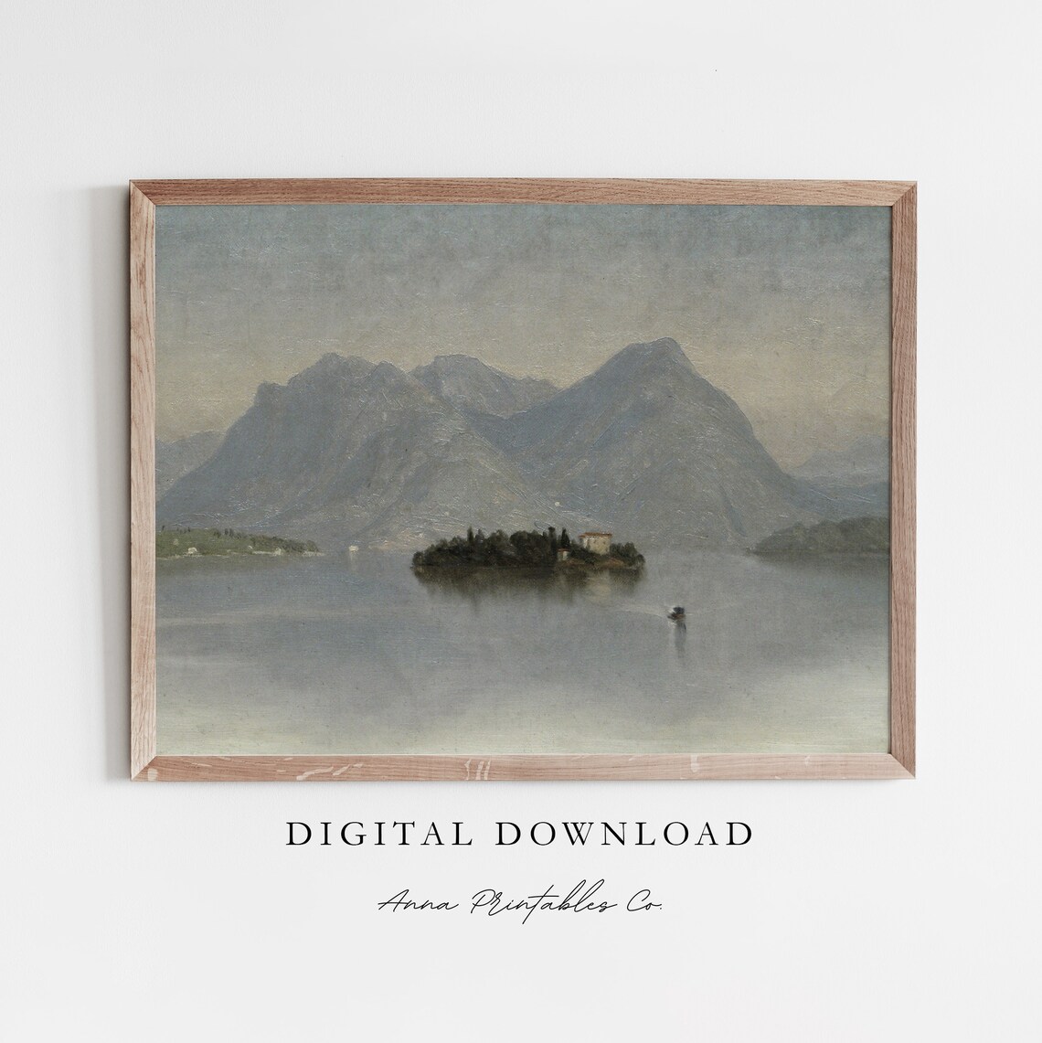 Misty Mountain Lake Island Scene Calm Vintage Oil Painting Poster