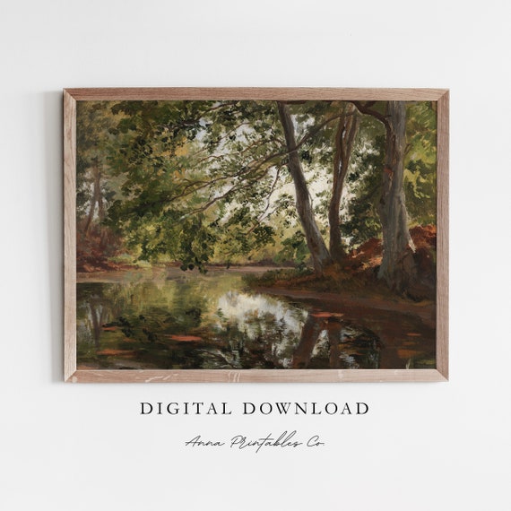 Pond Near Bernried Antique Landscape Painting Vintage Cottagecore Wall Art Farmhouse Decor Fine Art Print