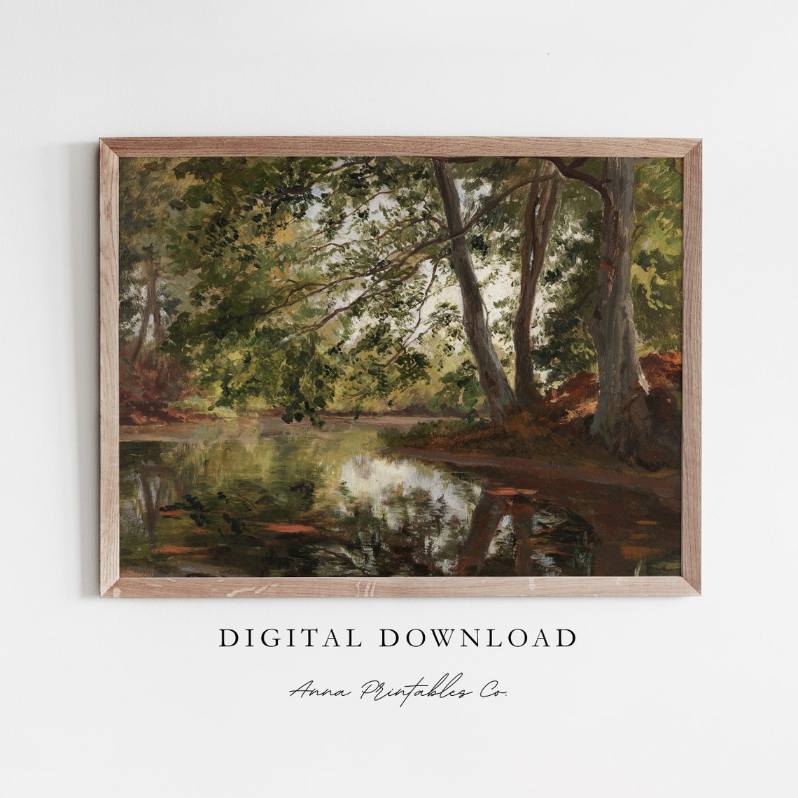 Lush Green Riverbank with Overhanging Trees Reflections Poster