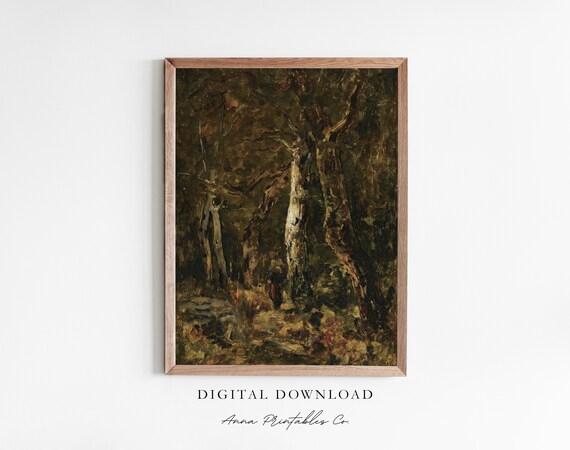 Dark Forest Scene Vintage Oil Painting Gothic Woodland Mystery Art Poster