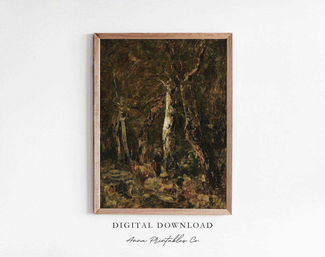 Dark Forest Scene Vintage Oil Painting Gothic Woodland Mystery Art Poster