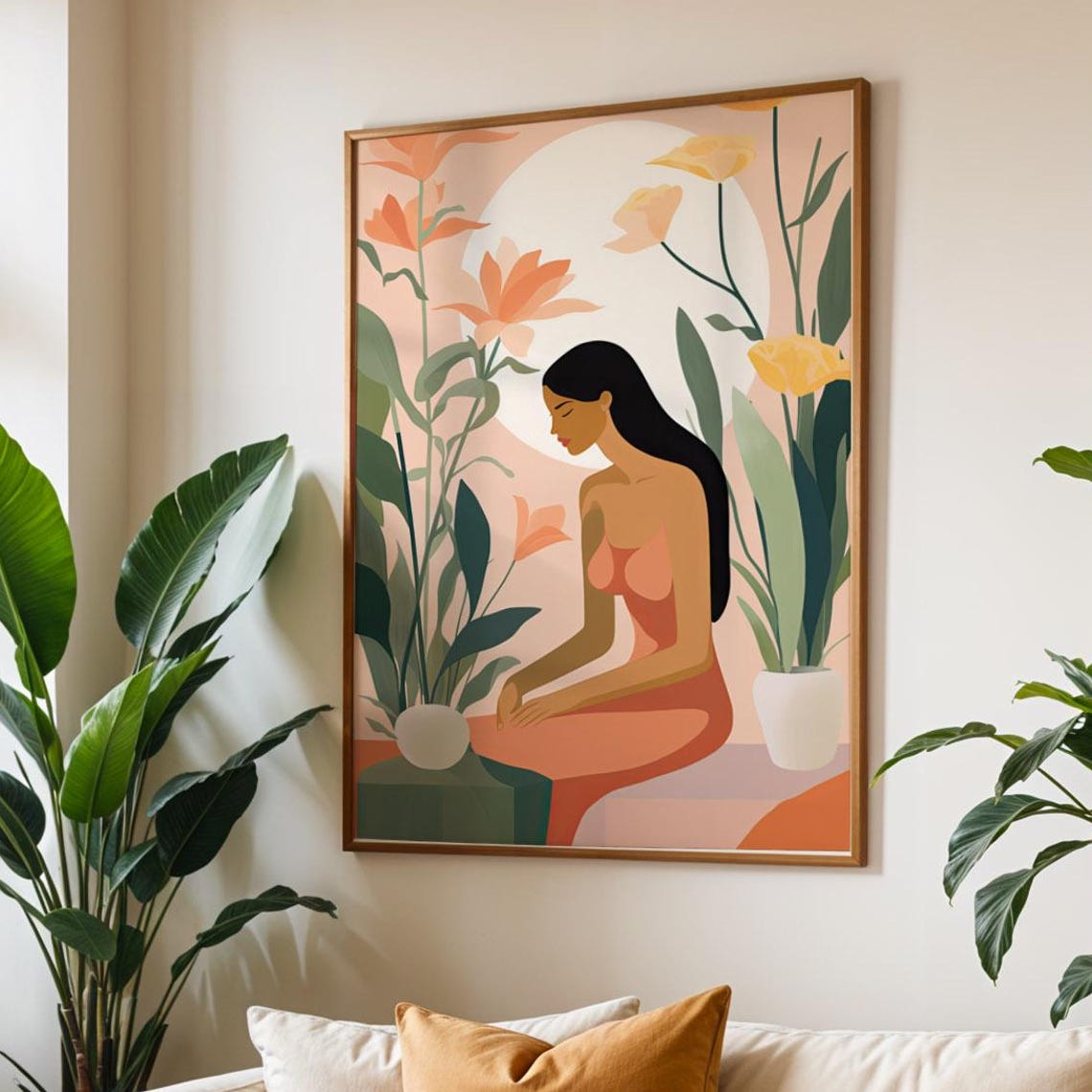 Feminine Portrait Print Poster Soft Abstract Woman With Flowers Art Illustration For Calm Wall Decor Drawing