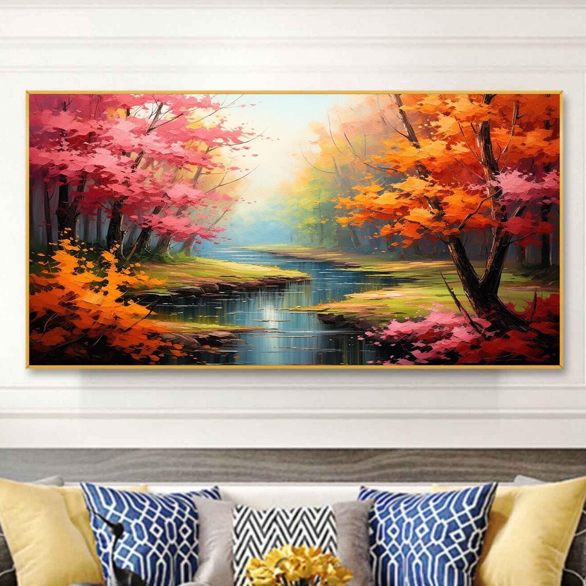 Abstract Nature Landscape Oil Painting On Large Wall Art Original River Art Colorful Tree Wall Art Custom Painting Living Room Decor