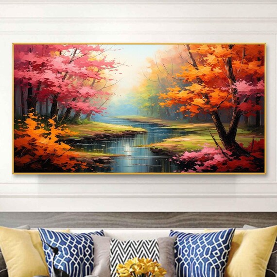 Abstract Nature Landscape Oil Painting On Large Wall Art Original River Art Colorful Tree Wall Art Custom Painting Living Room Decor