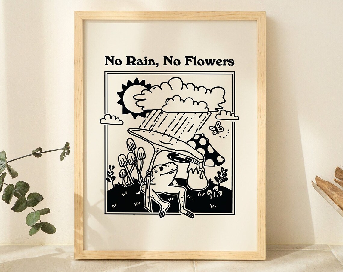 No Rain No Flowers Frog Mushroom Rain Black Line Retro Art Print