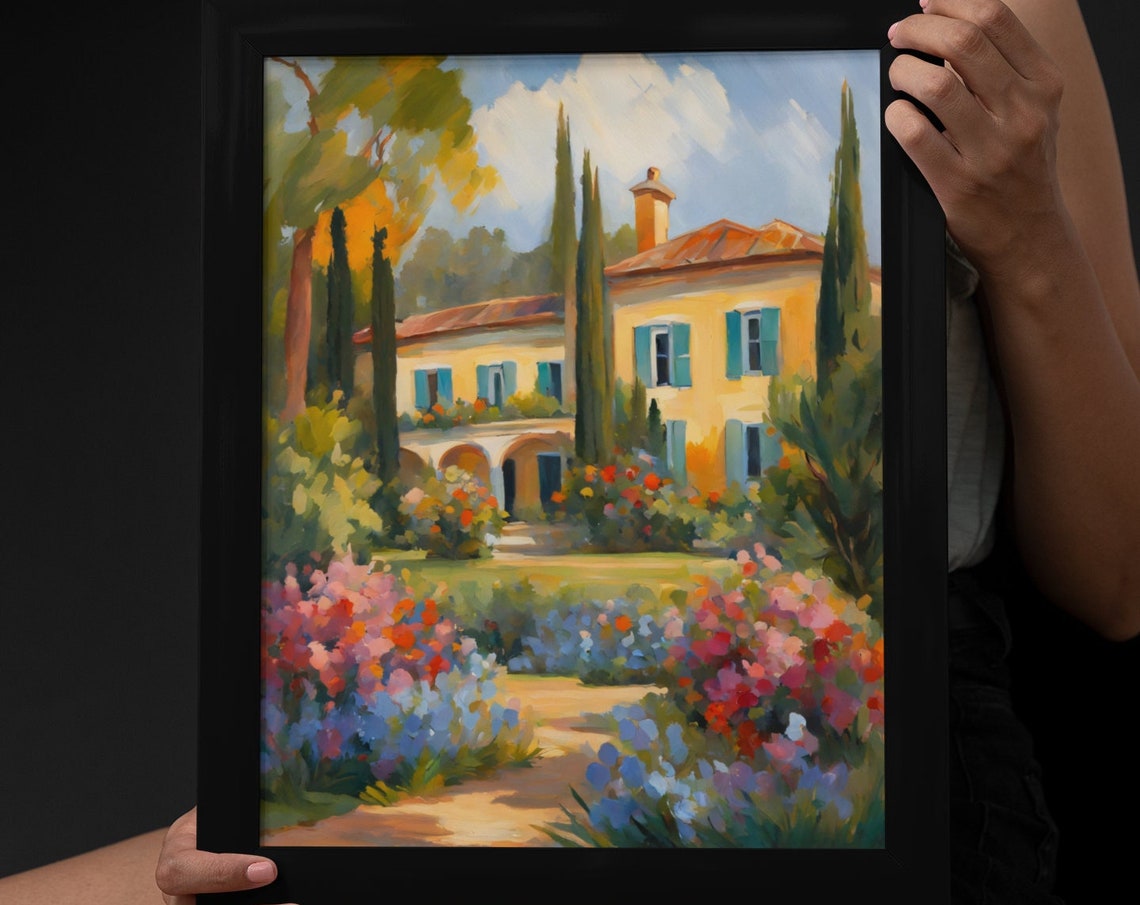 Mediterranean Villa Flower Garden Cypress Trees Sunny Path Art Poster