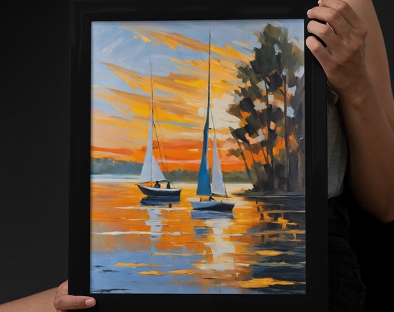 Painting Of A Lake With Sailboats At Sunset Original Art Landscape Painting Handmade Painting Home Decor Wall Art Sailboat Art Print