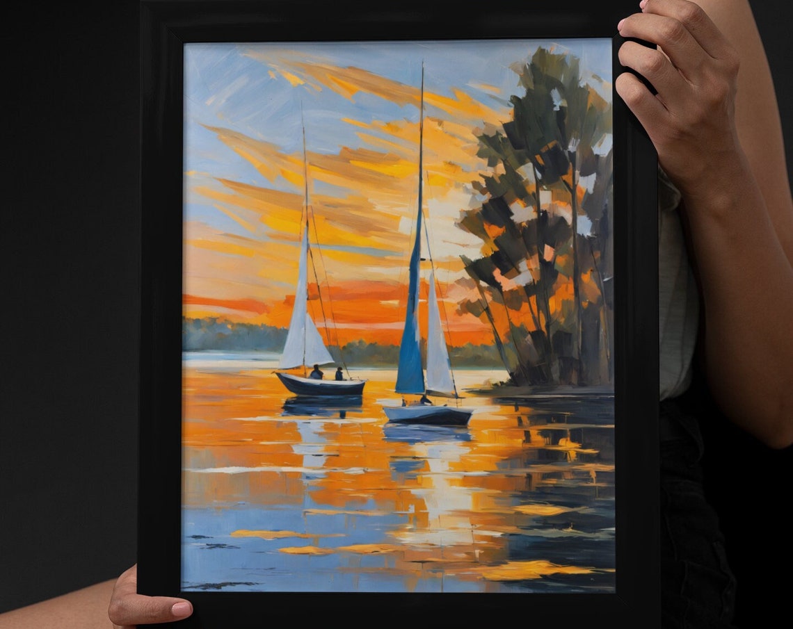 Painting Of A Lake With Sailboats At Sunset Original Art Landscape Painting Handmade Painting Home Decor Wall Art Sailboat Art Print