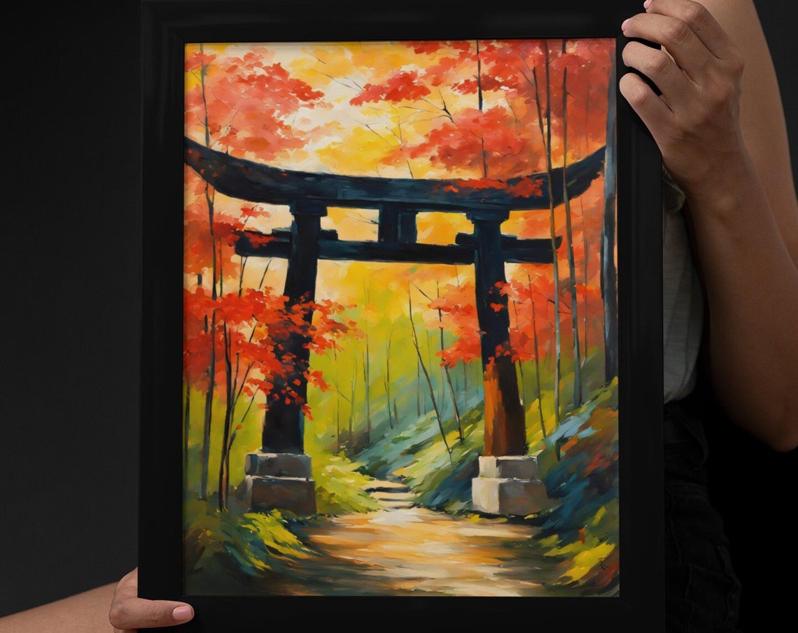 Torii Gate Autumn Maple Forest Path Japanese Zen Garden Travel Poster