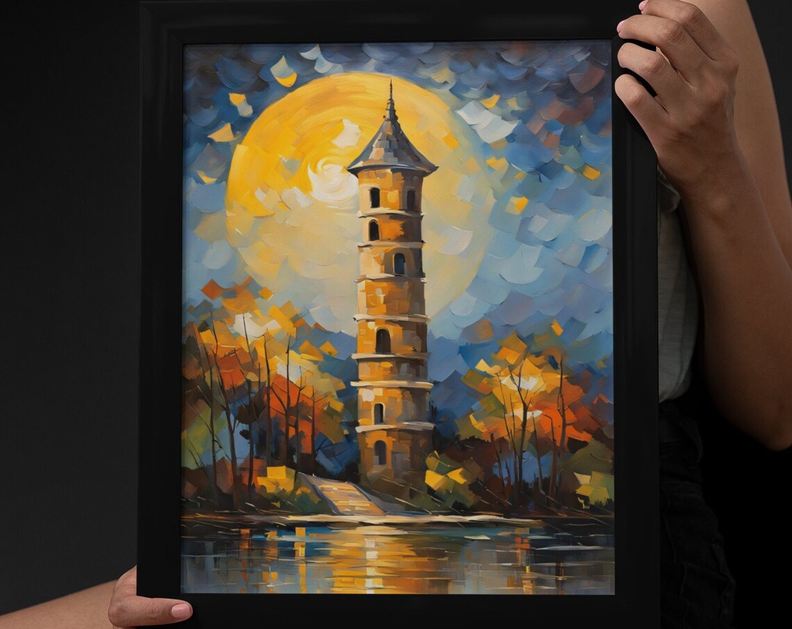Stone Tower Full Moon Night Autumn Trees Lake Reflection Fantasy Art Poster