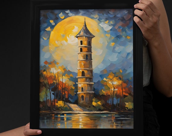 Tower With Full Moon In Background Oil Painting Print Fantasy Moonlight Arts Magical Landscape Wall Art Vintage Wall Art Moon Artwork