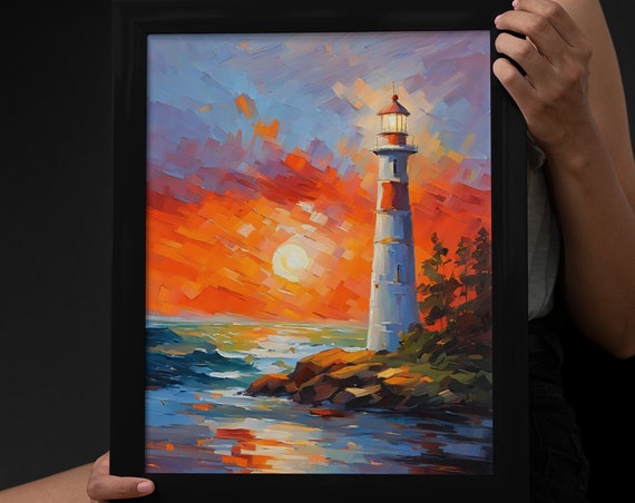 Lighthouse Sunset Painting Print Coastal Wall Art Seascape Artwork Beach House Decor Nautical Art Lighthouse Gift Lighthouse Lover