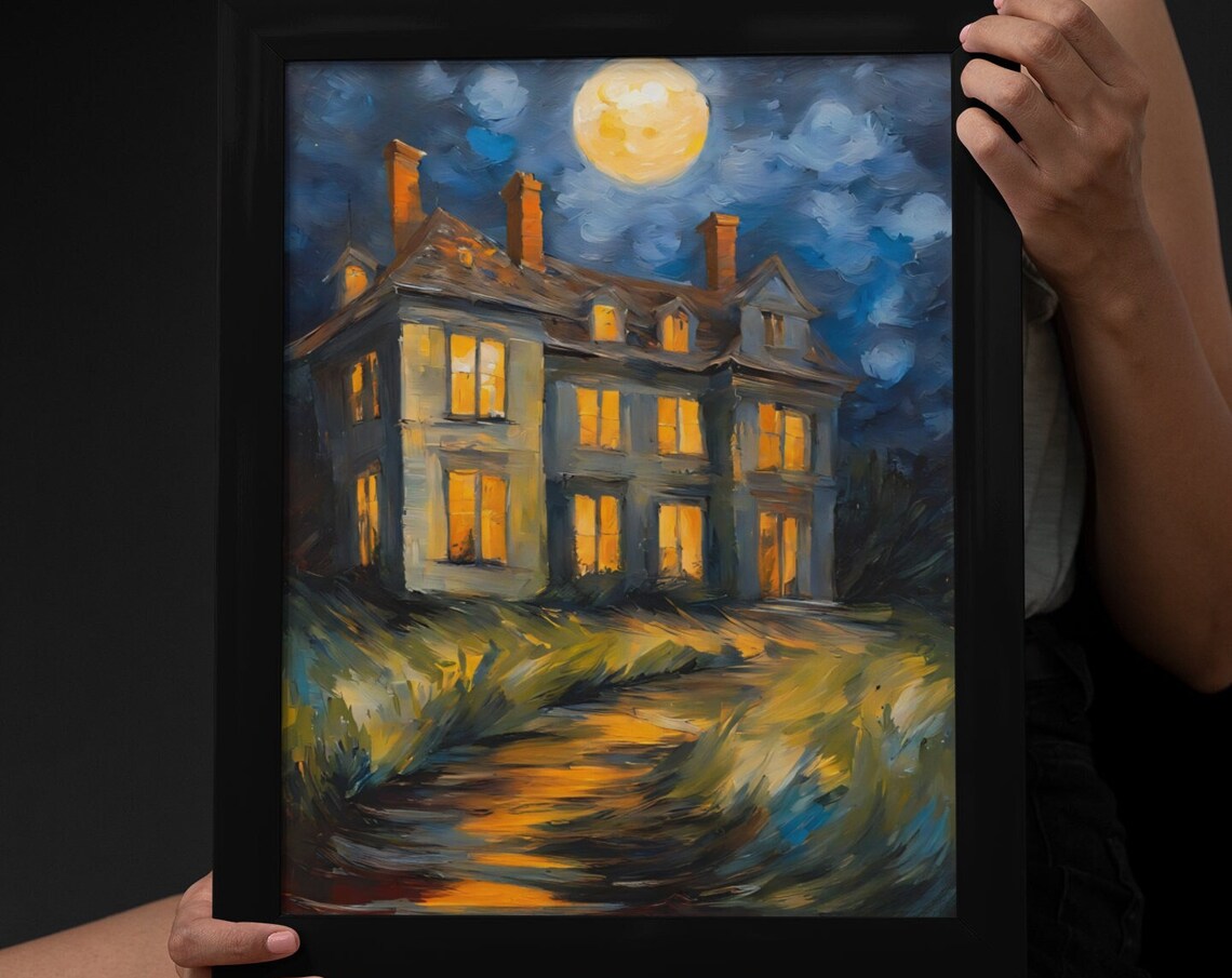 Spooky House Full Moon Night Glowing Windows Gothic Halloween Art Poster