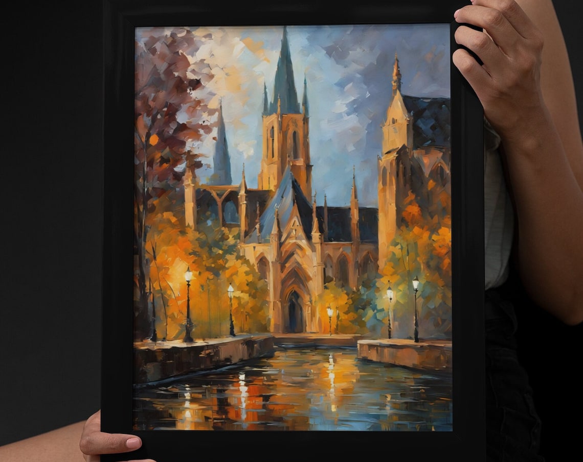Gothic Cathedral By Canal Evening Lamps Water Reflection Old Town Poster