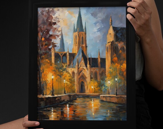 Gothic Cathedral By Canal Evening Lamps Water Reflection Old Town Poster