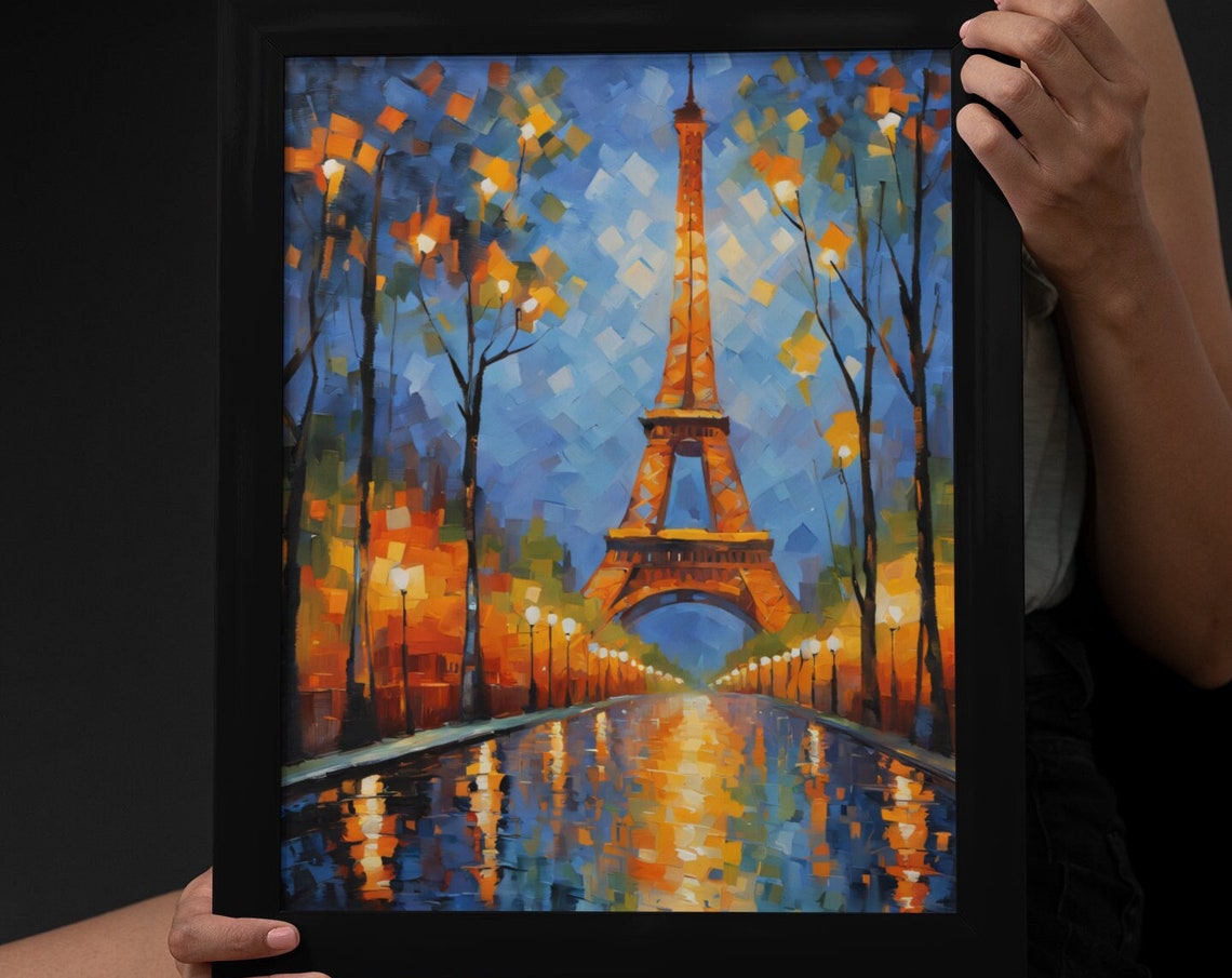 Eiffel Tower Paris Night Lights Impressionist Oil Painting City Poster
