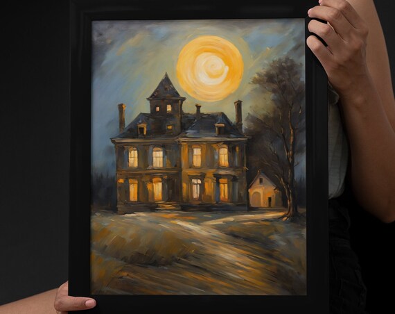Haunted Mansion Giant Moon Night Glowing Windows Spooky Gothic Art Poster