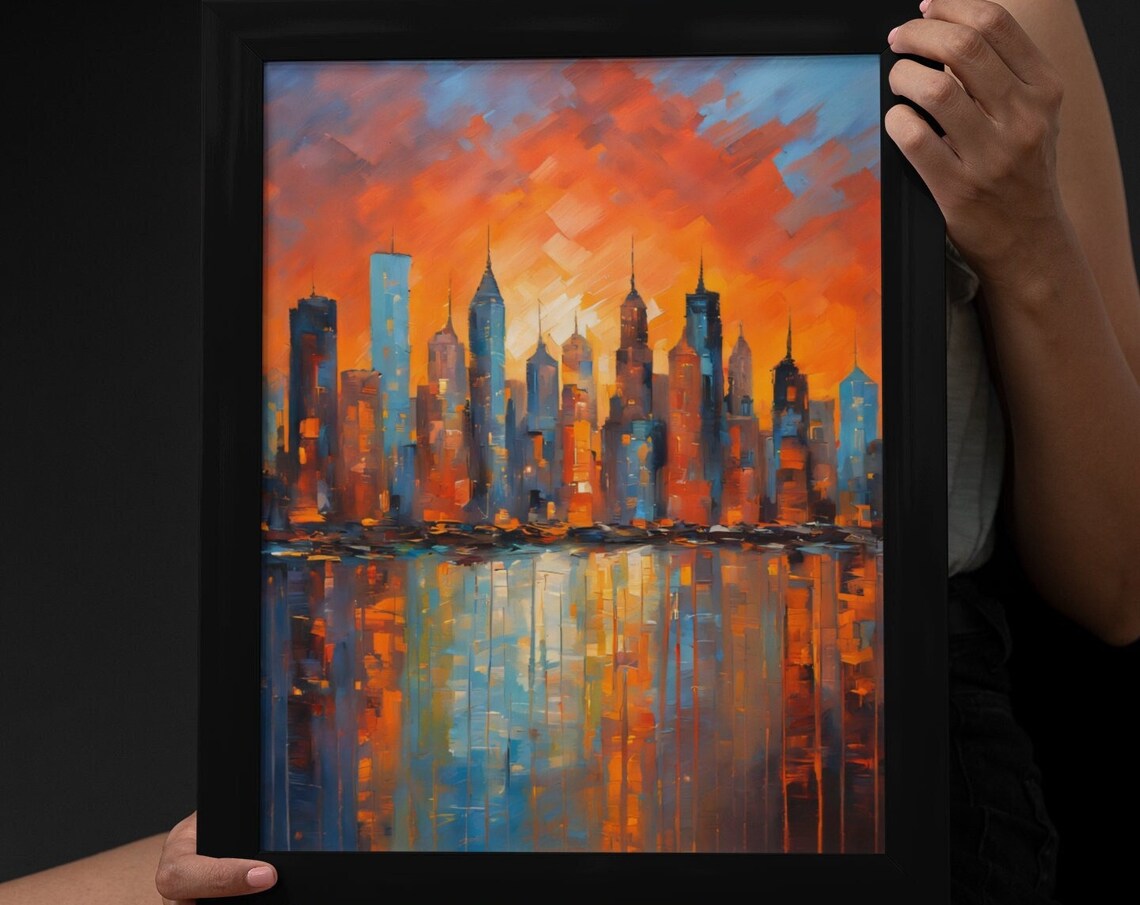 New York City Skyline Sunset Abstract Impasto Cityscape Art Poster